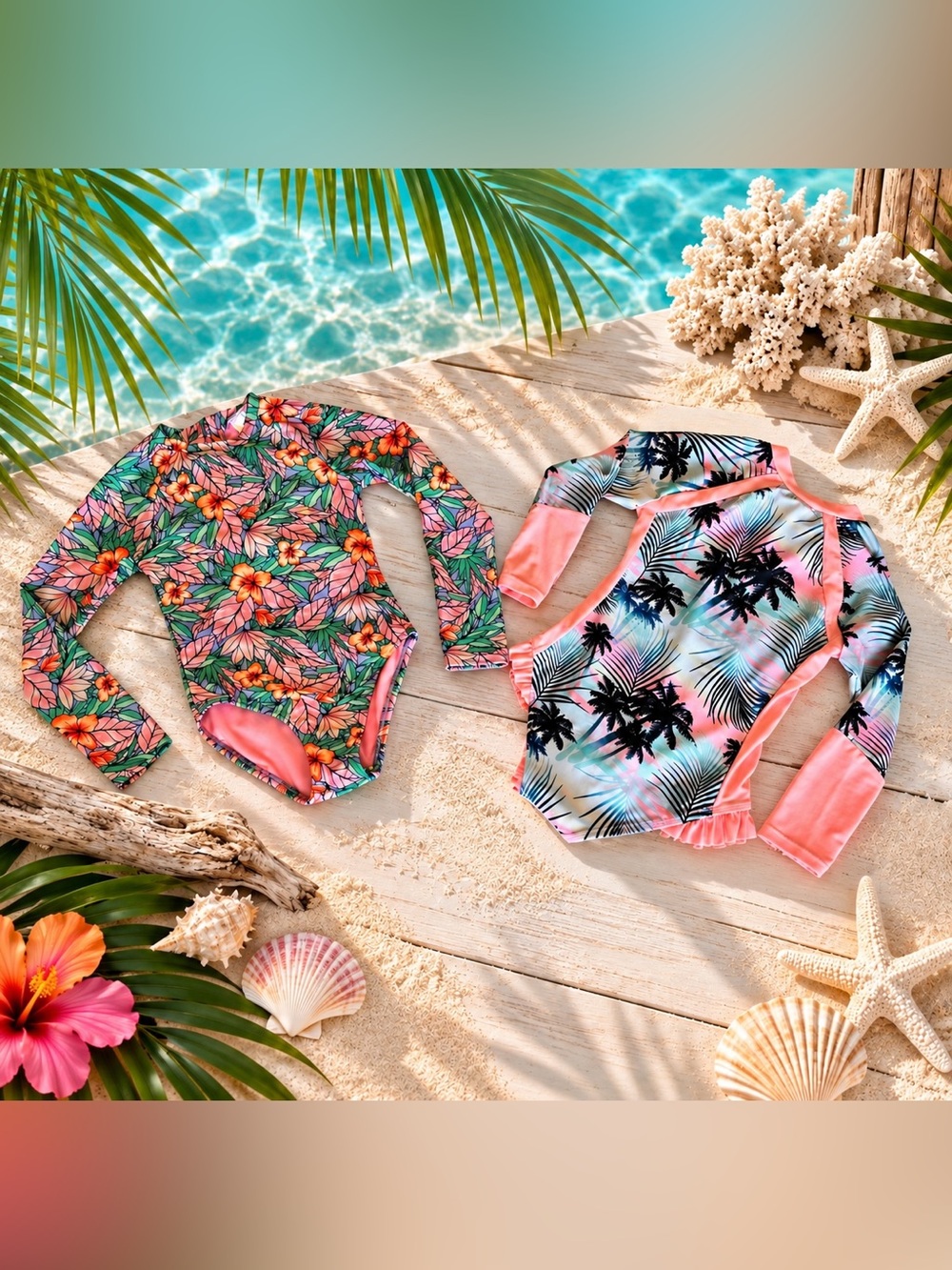 Cat & Jack One Piece Floral & Palm Print Swimwear Set *Includes Both* Size 6/7